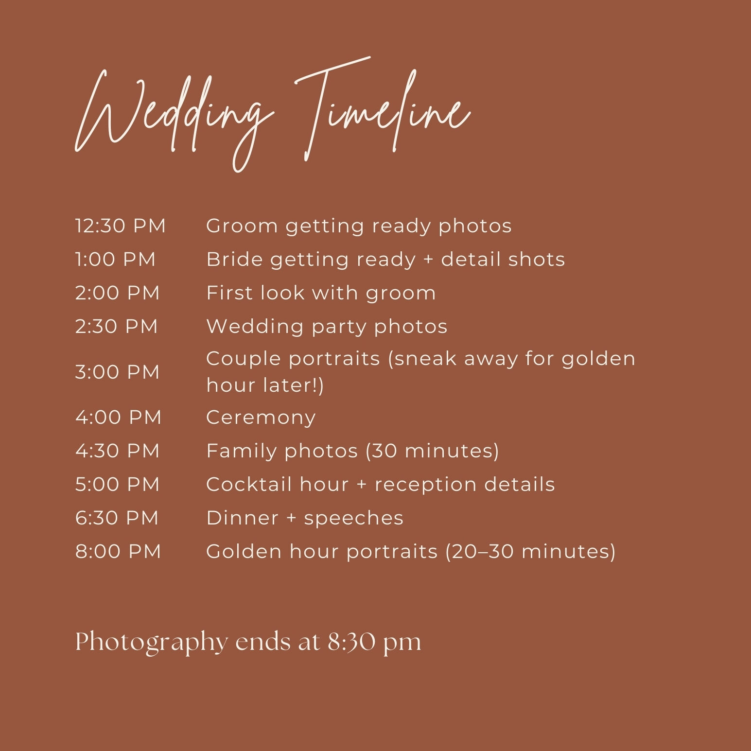 Sample Manitoba wedding photography timeline with golden hour portraits